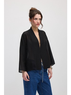 Gusto Agraflı Organze Ceket - Siyah