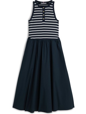 Tommy Hilfiger Gold Button Poplın Mıx Dress Kadın Mavi Elbise - WW0WW49628