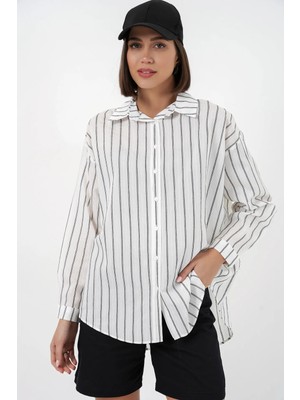 Hiccup Kadın Bdart Oversized Çizgili Düğmeli Gömlek Beyaz