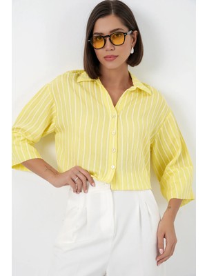Hiccup Kadın Bdart Düğmeli, Crop, Oversize Çizgili Gömlek Limon Sarısı