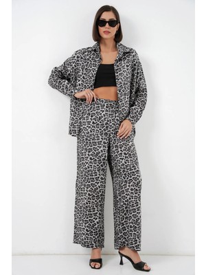 Hiccup Kadınlar BDART Leopar Desenli Uzun Düğmeli Gömlek ve Geniş Paça Pantolon İkili Set Kömür Grisi
