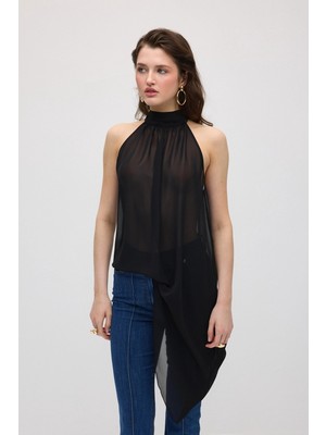Gusto Asimetrik Kesim Şifon Bluz - Siyah