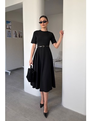 Magarde Premium Bisiklet Yaka Midi Kemerli Elbise- Siyah