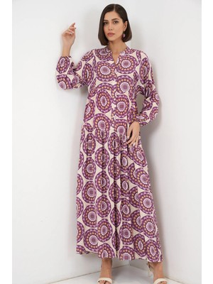 Hiccup Kadın Bdart Düğmeli V-Yaka Desenli Maxi Elbise Lila Mor