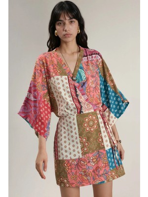 Hiccup Kadınlar Etnik Desenli Ön Bağlama Detaylı Mini Elbise Mavi