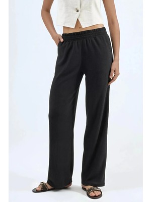 Hiccup Kadın Düz Paça Dokulu Pantolon Ellie Collection Siyah