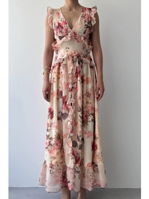 Hiccup Kadın Janes Çiçek Desenli Frilly Midi Elbise Çok Renkli