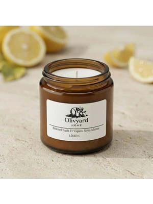 Limon Kokulu Amber Kavanoz Bitkisel Bazlı El Yapımı Beyaz Renk Soya Mumu 100GR