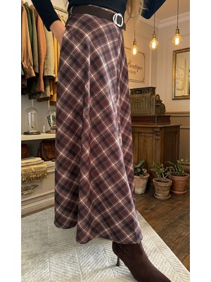 PNR Woman Ekose Desenli Kahve Etek Kemerli