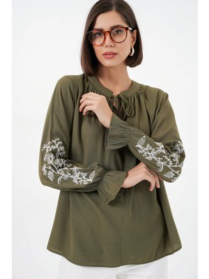 Hiccup Kadınlar BDART Nakışlı Bağlama Detaylı Bluz Haki Yeşil