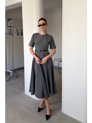Magarde Premium Bisiklet Yaka Midi Kemerli Elbise- Gri