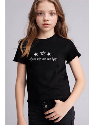 Defacto Slım Fıt Desenli Fitilli Siyah Kız Çocuk T-Shirt B6689A8/BK81