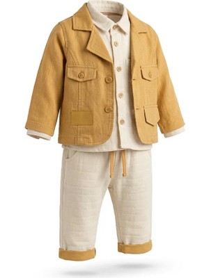 Bayramlık Erkek Bebek 3’lü Şık Kombin Takım – Hardal Ceket, Gömlek ve Pantolonlu Bebek Takımı