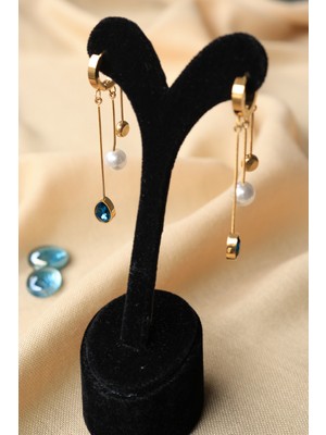 First Jewelry Nazar Boncuklu Incili Sallantılı Kadın Çelik Küpe