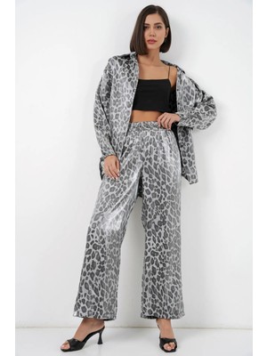 Hiccup Kadınlar BDART Leopar Desenli Uzun Düğmeli Gömlek ve Geniş Paça Pantolon İkili Set Gri