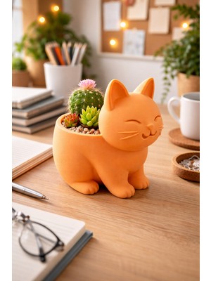 Otscraft Studio Sevimli Kedi Tasarımlı Dekoratif Kaktüs & Sukulent Saksısı