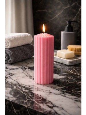 Kiraz Çiçeği Kokulu Uzun Şamdan El Yapımı Bitkisel Bazlı Pembe Soya Mumu 21CM