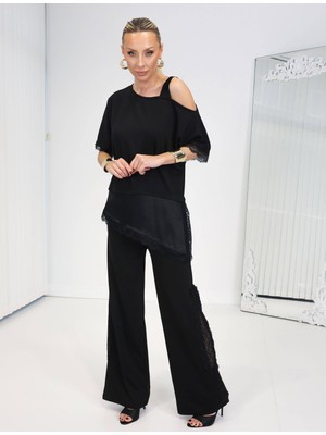 Qimya Butik Buketli Kadın Tek Omzu Askılı Verev Saten ve Dantel Detaylı Bluz ve Pantolonlu Alt Üst Ikili Takım