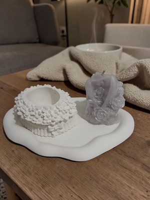 Doğal El Yapımı Dekoratif Taş Tepsi Takımı | Çiçek Rölyefli Mumluk ve Tasarım Mum Seti