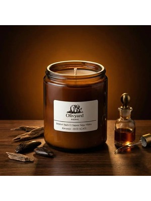 Oud Ağacı Kokulu Amber Kavanoz Bitkisel Bazlı El Yapımı Açık Kahverengi Soya Mumu 250GR