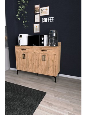 Dekorfim DF14103 Kahve Köşesi Dolabı Çok Amaçlı Mutfak Konsolu Çekmeceli Kapaklı Mutfak Dolabı Coffee Bar Dolabı Atlantik Çam
