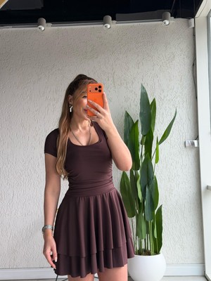 Qimya Butik Buketli Kadın Ince Scuba Kumaş Eteği Çift Kat Kare Yaka Kısa Kollu Mini Elbise