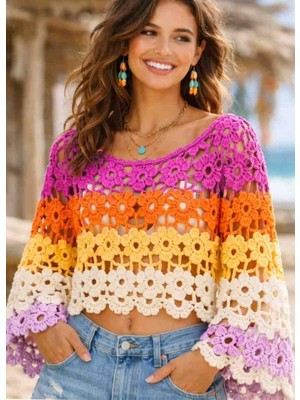 Megahan Boutique Megahan Bohem Tarz Renkli Trend Bluz