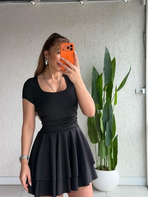 Qimya Butik Buketli Kadın Ince Scuba Kumaş Eteği Çift Kat Kare Yaka Kısa Kollu Mini Elbise