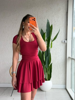 Qimya Butik Buketli Kadın Ince Scuba Kumaş Eteği Çift Kat Kare Yaka Kısa Kollu Mini Elbise