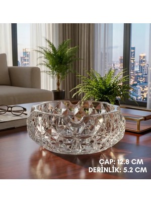 Meli Collection Lüks Diamond Kesim Kristal Cam Küllük - Büyük Boy Yuvarlak (12.8 Cm) - Elmas Serisi Dekoratif Küllük