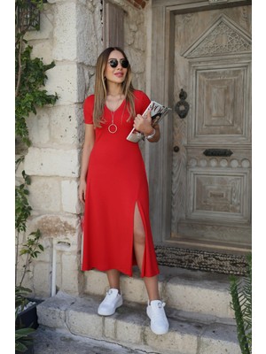 Qimya Butik Buketli Kadın V Yaka Kısa Kollu Yırtmaçlı Basic Elbise