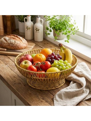 By Nevser® 31 cm Plastik Rattan Servis Çanağı – Doğal Hasır Görünümlü Dekoratif Meyve, Ekmek ve Sunum Kasesi