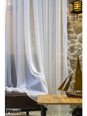 Pikeli - Elegance Çizgili Zarif Tül Perde – Krep Zemin Dokulu, Estetik Dökümlü - 1x3 Sık Pile - Hazır Dikim