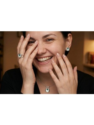 Arc | 925 Ayar Gümüş Sedef ve Yeşil Taşlı Kavisli Set (Yüzük, Kolye ve Küpe)