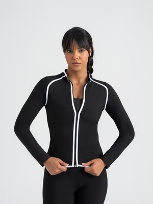 Lismina KadınUzun Kollu Spor Ceket Siyah Beyaz Biyeli Fermuarlı Düz Tasarım