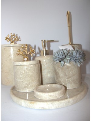 Akmera Home Pirinç Kulplu %100 Doğal Bej Mermer Banyo Seti – 7 Parça