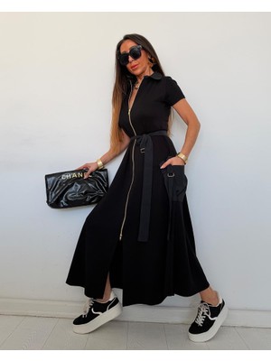 Qimya Butik Buketli Kadın Paraşüt Kumaş Detaylı Kuşaklı Full Fermuar Kapama Polo Yaka Kısa Kollu Uzun Elbise