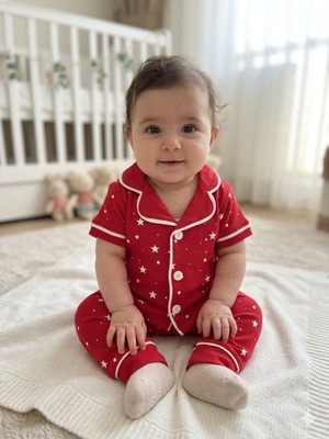 Tuem Baby Tuembaby  Bebek Kırmızı Yıldız Desenli Kısa Kollu Düğmeli Pijama Takımı ( Beden Ölçüleri Açıklamada)