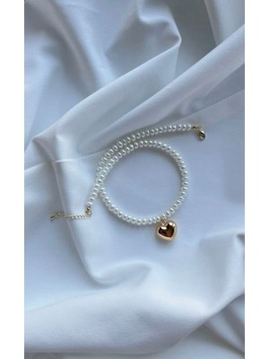 Taşmir Sertifikalı Gerçek Aaa Kalite Inci Kolye Kalp Charmlı - Altın Kaplama Aparatlar