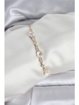 Marsilyan Baget Zirkon Taşlı Çiçek Model Gold Renk Asansörlü Kadın Bileklik - TJ-BB8330