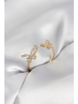 Marsilyan Kelebek Model Zirkon Taşlı Gold Renk Kadın Yüzük - TJ-BYK4078