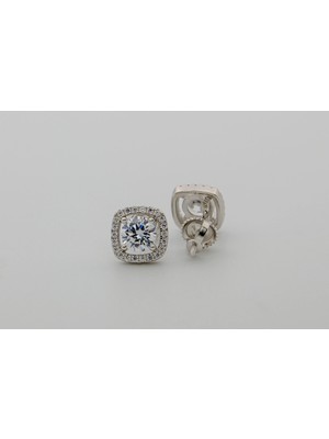 Lux | 925 Ayar Gümüş Kare (Cushion) Formlu Halo Tektaş Küpe