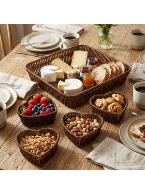 By Nevser® 5 Parça,4 Kalp Formlu Plastik Rattan Sunum ve Kahvaltı Seti-Bölmeli Çerezlik ve Meyvelik-Doğal Hasır Görünümlü Tepsi ve Sunum Tabakları