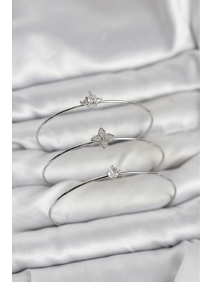 Marsilyan Zirkon Taşlı Gümüş Renk Yonca Model 3'lü Kadın Bileklik Kombini - TJ-BB8348