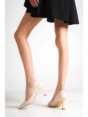 Alfaze Bej Deri Sivri Burun Ince Topuklu Şık Stiletto Topuk Boyu 7 cm