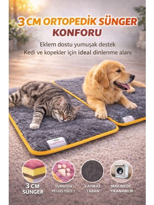 Carpetella 3 cm Süngerli Ortopedik Kedi Köpek Yatağı – Kaymaz Tabanlı Peluş Pet Mat Minderi
