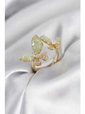 MiraLive Gold Renk Su Yeşili Kelebek Model Zirkon Taşlı Kadın Yüzük - TJ-BYK3948