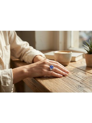 Trınıty | 925 Ayar Gümüş Ihtişamlı Üç Taşlı Zümrüt Kesim Tektaş Yüzük