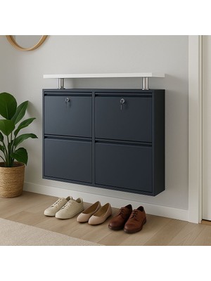 Tomkar 2+2 Antrasit Metal Ayakkabılık Ahşap Ceviz Kaplamalı ( Kilitli )