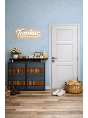 Tomkar 2+2 Antrasit Metal Ayakkabılık Ahşap Ceviz Kaplamalı ( Kilitli )